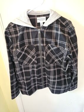 Arizona Jean Company Black & Gray Plaid Lightweight Hooded Shirt Jacket